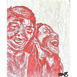 Red Hand Carved Block Print Painting